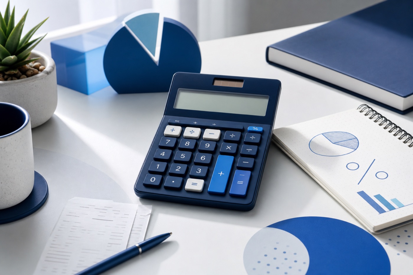 A calculator and percentage charts on a tidy desk